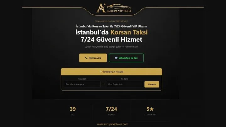 Avrupa VIP Taksi ana sayfa görünümü