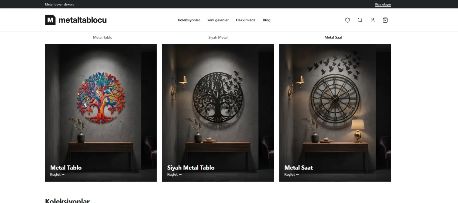 Metaltablocu ana kategoriler: metal tablo, siyah metal tablo ve metal saat
