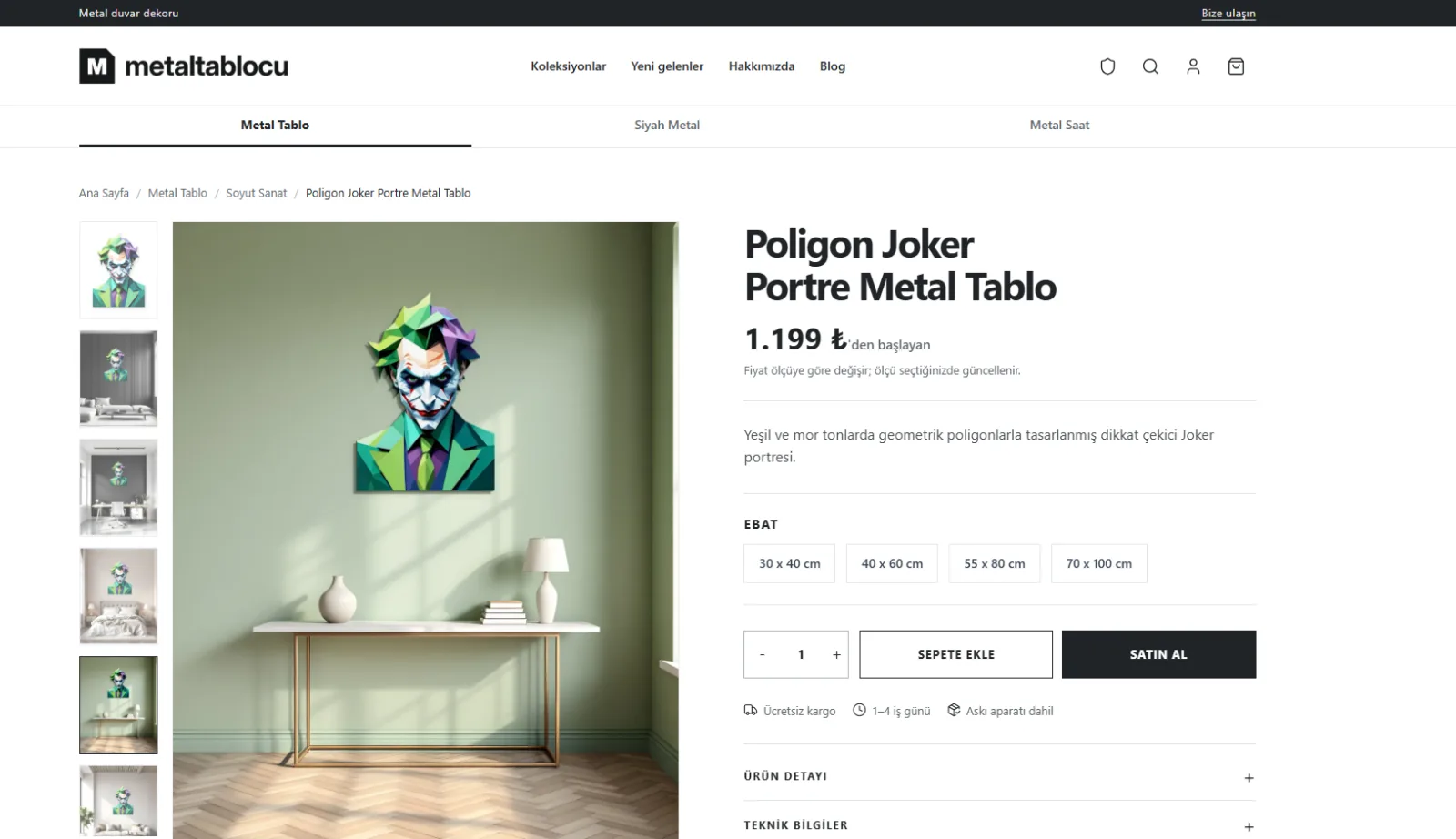 Metaltablocu ürün detay sayfası, ölçü seçenekleri ve fiyat